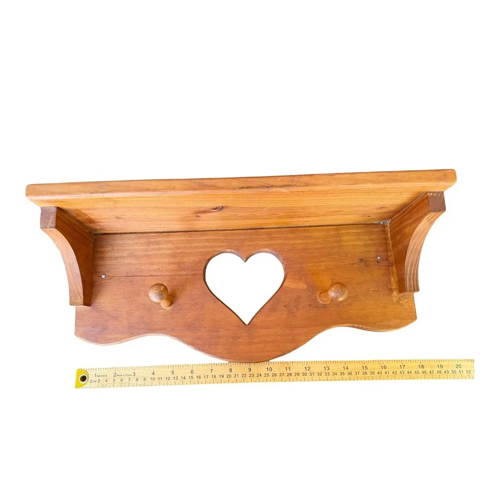 Vintage Pine Wood Heart Cutout Wall Shelf with Pegs Country Farmhouse Decor